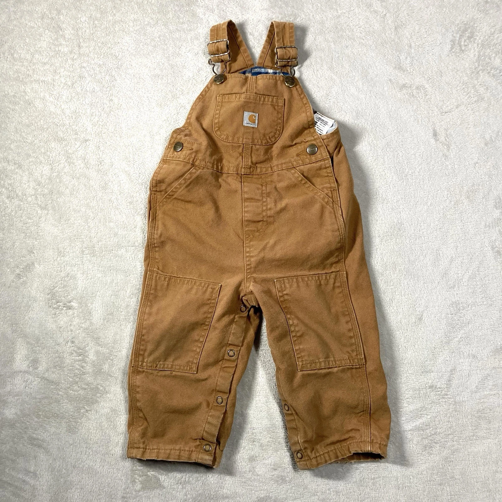 Carhartt Double Knees Bib Overalls Kids Youth Size 18M Brown Plaid Flannel Lined