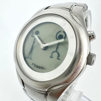 Men's Unique FOSSIL Big Tic Stick Figure Silver Watch JR-8195