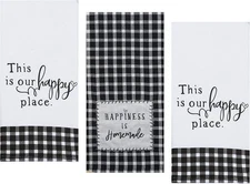 3 Piece Set Black White Farmhouse Happiness Cotton Kitchen Dish Towels