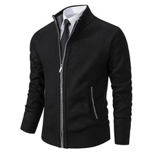 Men's Fleece Zip-Up Jacket Solid Color Stand Collar Warm Casual Sport Coat