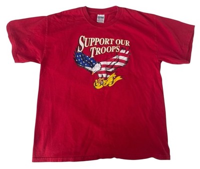 Vintage Support Our Troops Eagle Graphic T-Shirt Red Size Large USA
