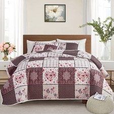 Patchwork Quilt Set King Size, 3 Pieces Brown Floral Plaid Summer Bedspread C...