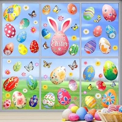 6 Sheets Easter Egg Window Clings,Cute Bunny Ears Window Decor,Spring 