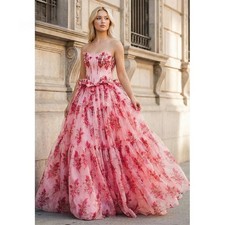 Pink Organza Strapless Prom Dress Lace-up Back Tiered Ruffle Bow Evening Dress