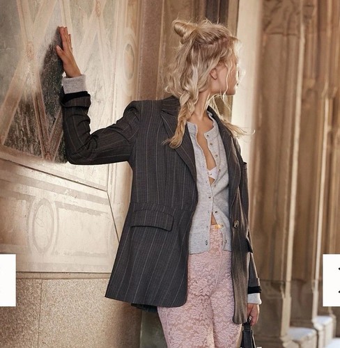 Free People Long Pleated Back Blazer Size M Herringbone 1 Button Jacket Boho - Picture 2 of 21
