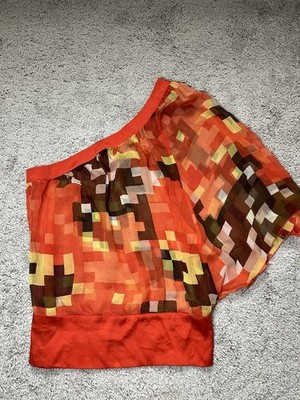 Women's Bebe Asymmetric One Shoulder Chiffon Blouse Abstract Y2K 100% Silk XS
