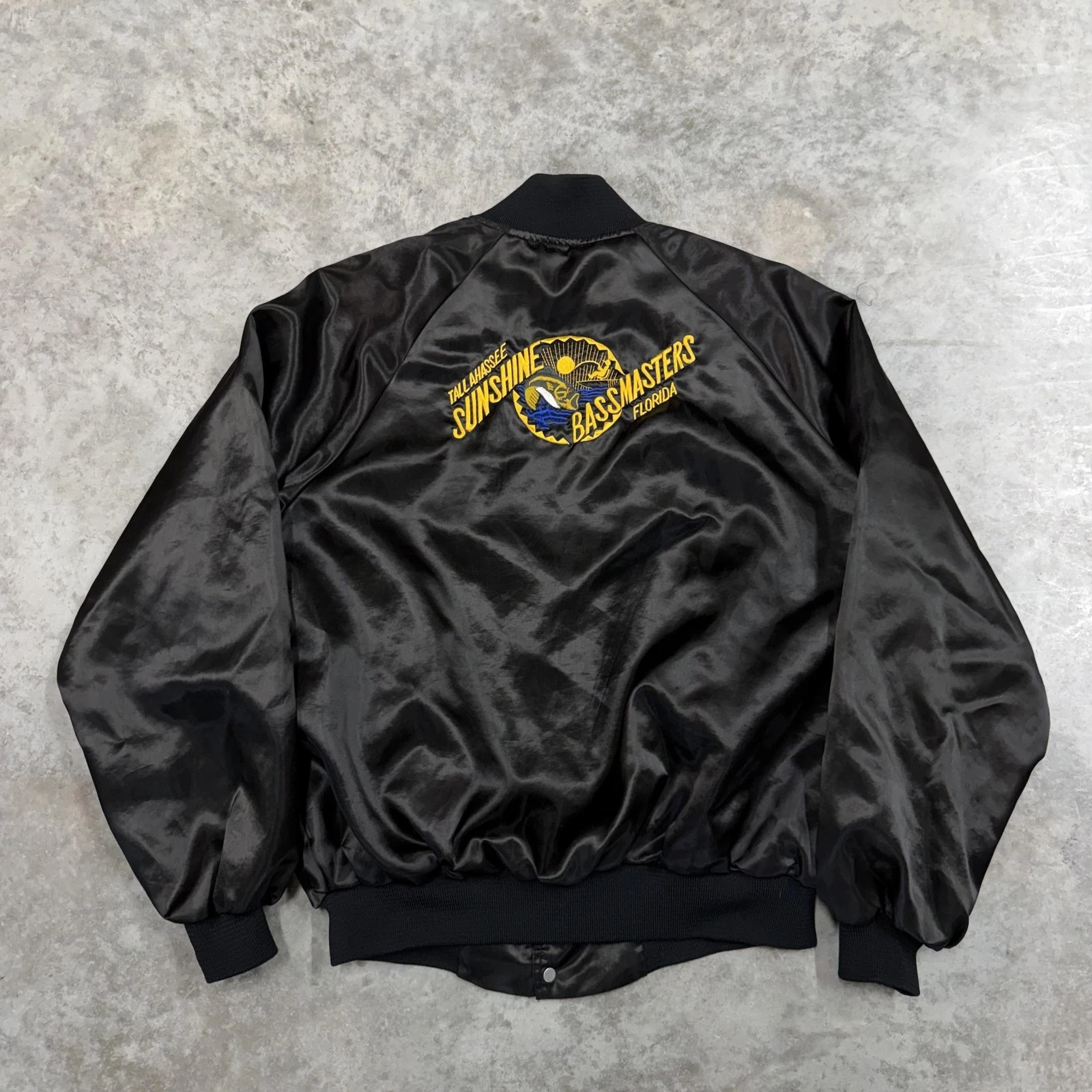 Vintage Sunshine Bassmasters Jacket Mens XL Black Bomber Insulated Fishing 80s