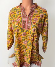 Craft House India Cotton Kurti Yellow Floral Hand Block Print Tunic Boho Top L