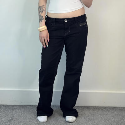 Y2K Vintage Low Rise Bootcut Jeans Schwarz Denim Kontrastnähte Strass Tasche