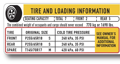 GM CHEVROLET FORD CHRYSLER TIRE LOADING INFORMATION OR MFG. STICKER