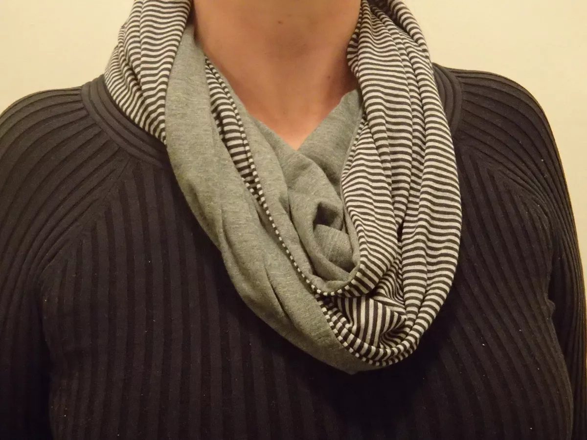 RIKKA Jersey Infinity Scarf Stripe Black Grey Solid Greenish Grey Side