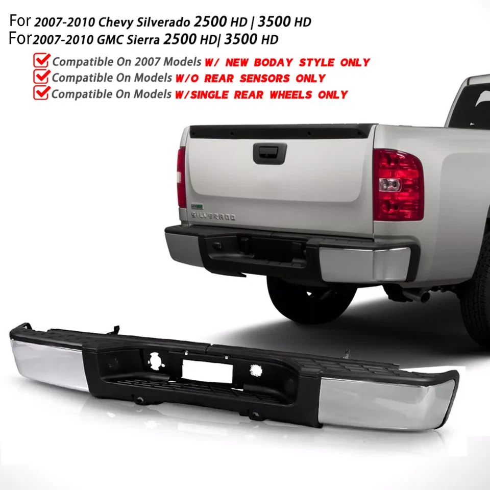 Parachoques trasero de acero cromado para Chevy Silverado Sierra 2500 3500 HD 2007-2010 Foto 2 de 4