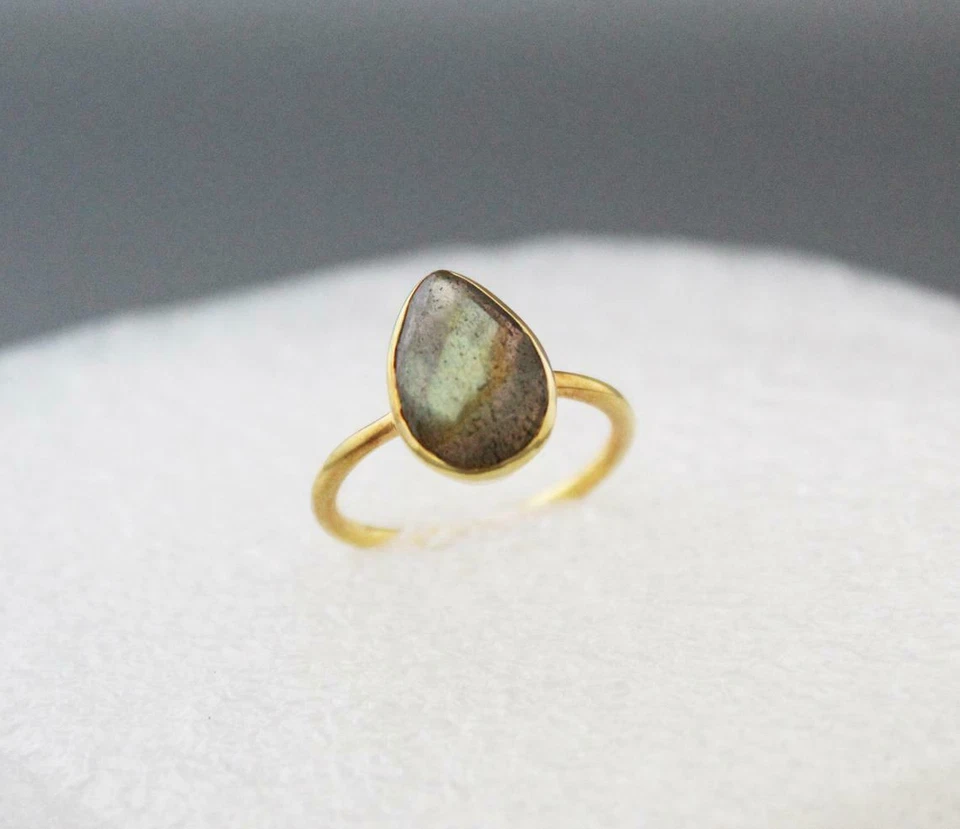 Labradorite Placcato Oro Anello, Blu Flash Gemma 925 Argento Sterling, Saldi - Immagine 4 di 4