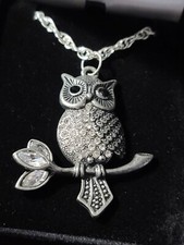 Owl Charm Pendant Necklace and Earrings Set Silver Tone Earrings need Cleaning