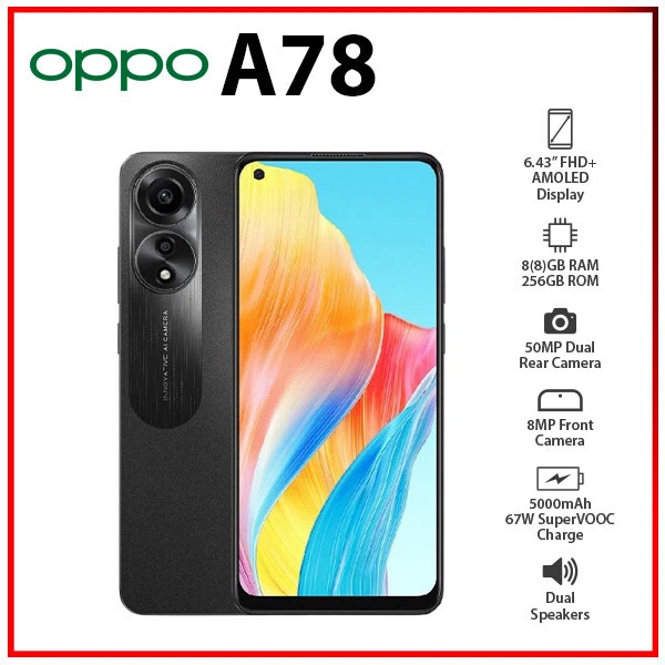 (Unlocked) OPPO A78 4G 8GB+256GB GLOBAL Ver. BLACK Dual SIM Android Cell  Phone