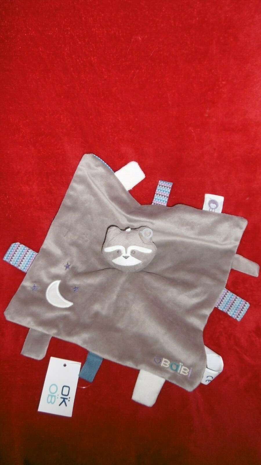 Doudou plat Okaidi raton laveur marron, cadeau naissance neuf