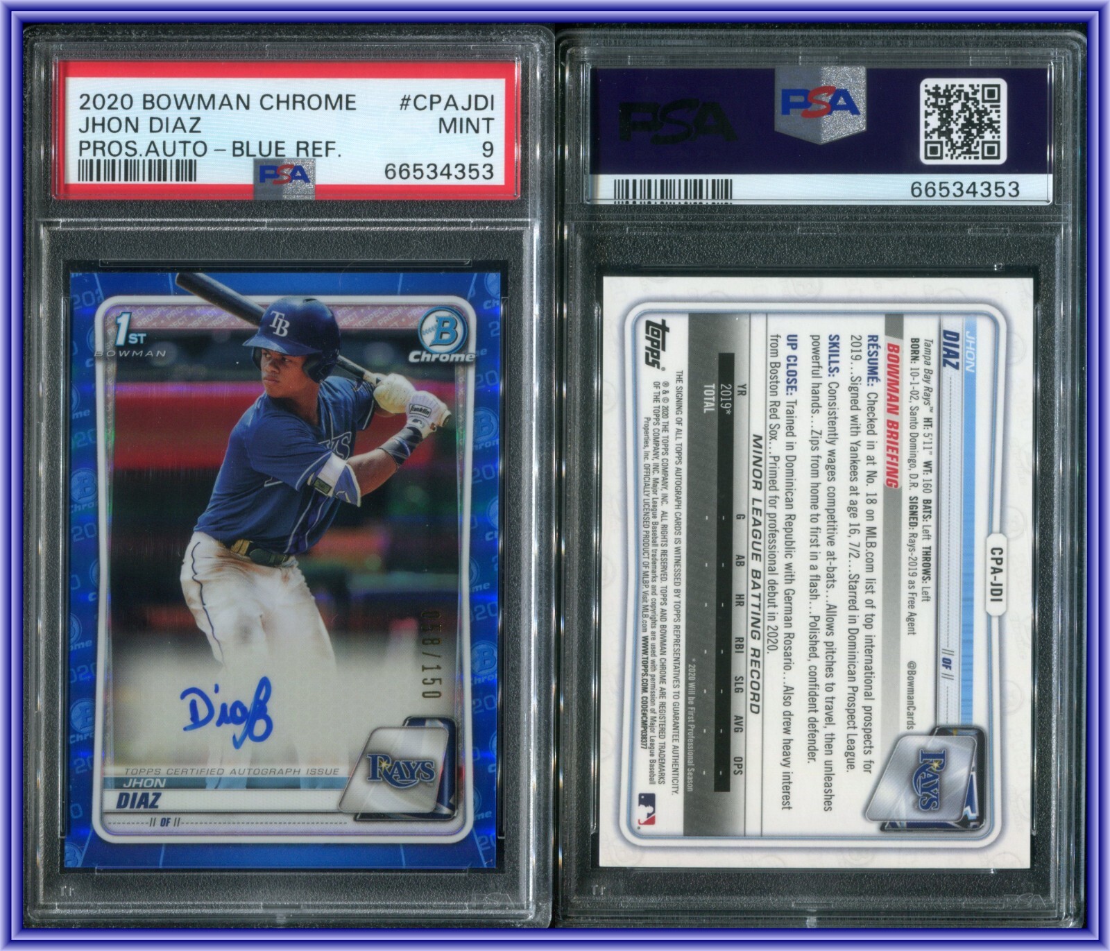 PSA 9 2020 Bowman Chrome Autograph Blue Refractor Jhon Diaz RC /150 POP14