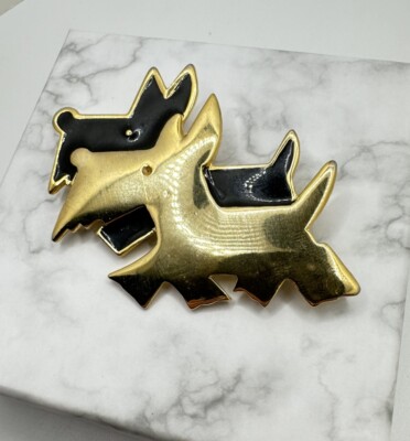 VTG Double Scotties Dog Gold Tone Black Brooch Pet Pin Estate Sale Unsigned