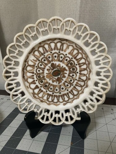 Vintage Milk Glass Lace Plate Decorated w/ US Postage Stamps Gold Gilt