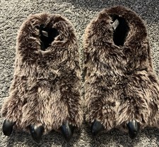 Brown Faux Fur Bear Paw Animal Men's Slip-On Slippers L/XL Cushioned NEW