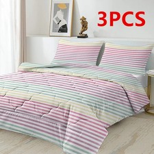 3PCS Soft Duvet Cover Set Twin Size Colorful Faint Stripes Bedding Set Bedroom