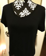 Women's Large Shirt Tee Top Black St. John's Bay 100% Cotton V-Neck Short Sleeve