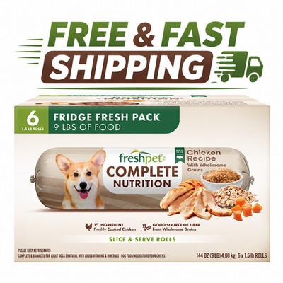Freshpet Complete Nutrition Dog Food Chicken Recipe 9 lb (6 Rolls) Fridge Fresh 