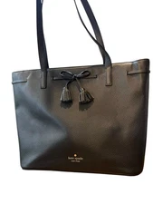 Kate Spade Large Black Pebbled Leather Bow Tassel Tote Bag Hayes Street Purse