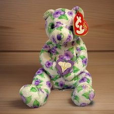 2003 TY Beanie Baby Corsage 6" White Bear Purple Pansy Flowers w/ Heart Tag