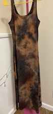 ROMWE Women Tie Dye Maxi Dress Size M Scoop Neck Sleeveless Brown Orange Stretch