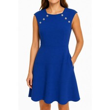 Tommy Hilfiger Womens Royal Blue Silver Buttons Fit & Flare Dress Size 12 Career
