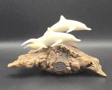 John Perry Studio Driftwood Burlwood 3 White Dolphins Small Family Sculpture