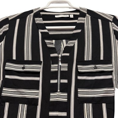 Notations Womens Black White Stripe Zip Neck Utility Blouse Top Plus Size 1X