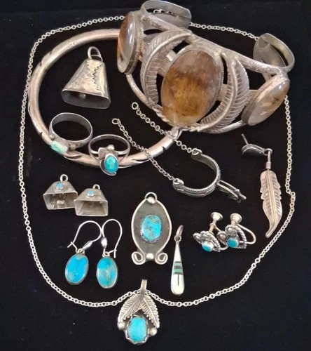 99g Old Pawn LOT Vintage Navajo Sterling Silver Turquoise BELL Pendant CUFF