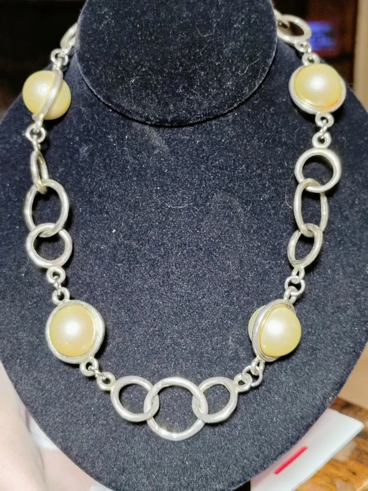 Anne Klein SilverTone Large Dome Faux Pearl Statement Necklace Modern Y2K Chunky - Image 3 of 4