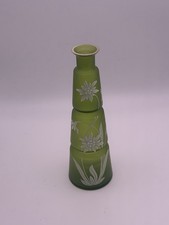 VTG Bohemian Satin Green Tiered Glass Decanter w/ White Enamel Edelweiss Flowers