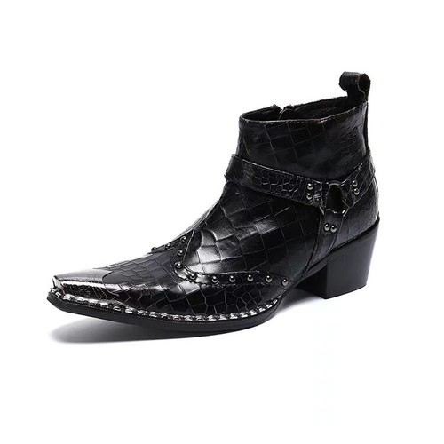 Men's Flat Leather Steel Toe Pointed Toe High-top Buckle Chelsea Boots - Picture 14 of 15