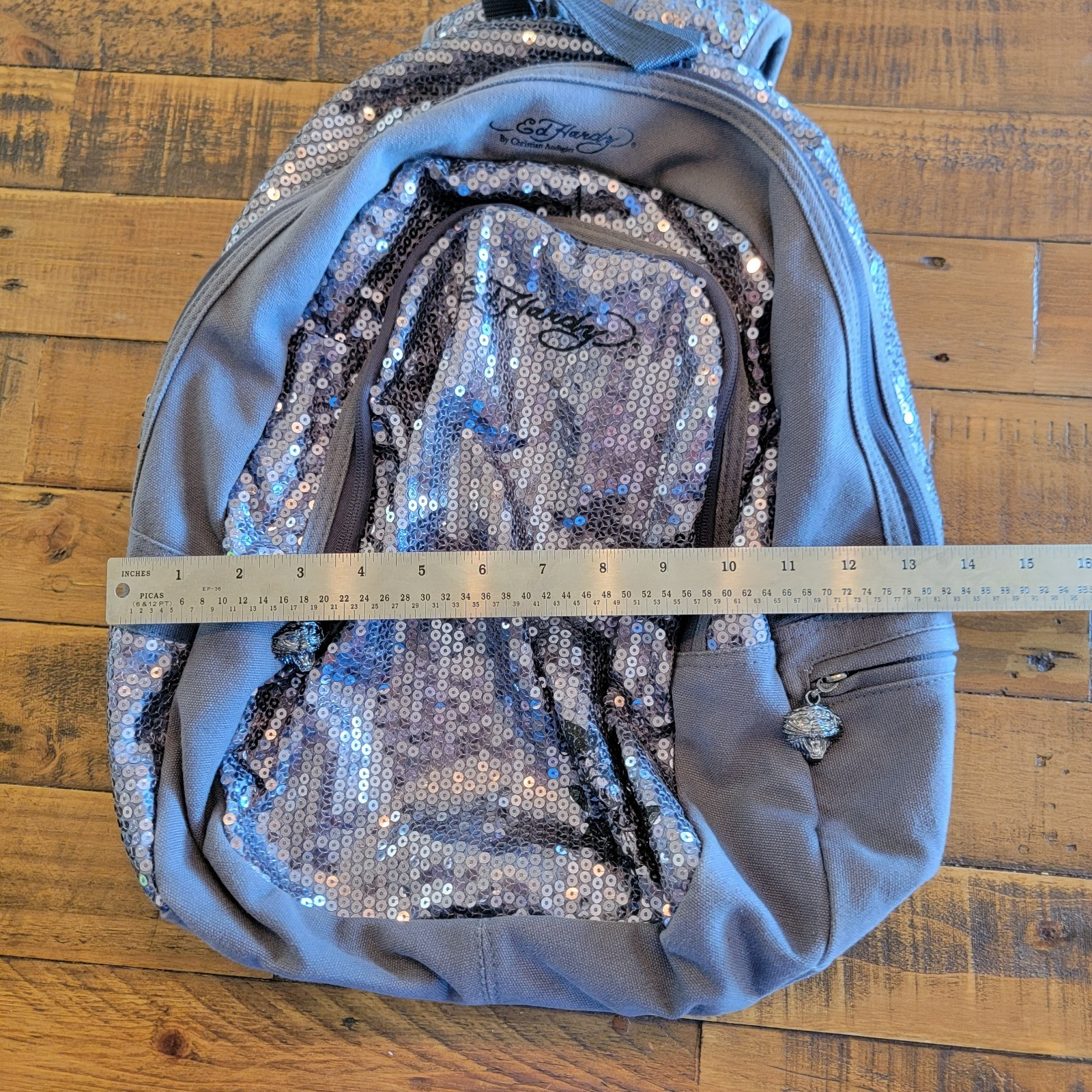 Ed Hardy Sequin Backpack Gray Grey EUC - image 4