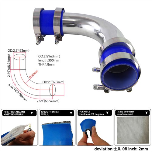 2.5" 63mm 90 Degree Aluminum Intercooler Turbo Air Pipe + Silicone Hoses - Picture 4 of 9