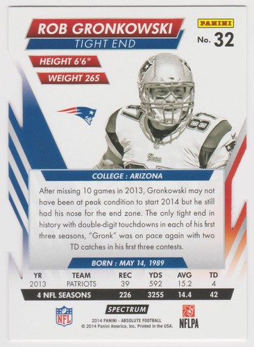 Rob Gronkowski 2014 Absolute Football #32 RED Die-Cut New England Patriots - Picture 2 of 2