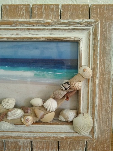 SHELLS On Driftwood 3D ART on Brown Whitewashed Frame - Picture 2 of 4