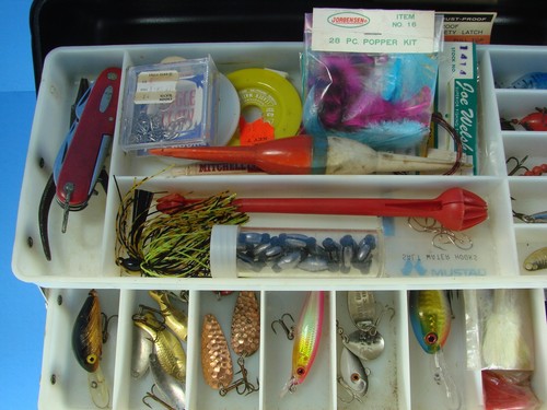 Old Pal 2 Tray Tackle Box With Lures Spinning Reel Soft Plastics Spoons Knife - Picture 3 of 14