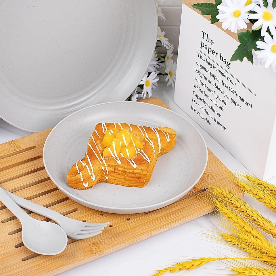 42-Piece Wheat Straw Dinnerware Set, Unbreakable Plates and Bowls, Grey - Image 3 of 4