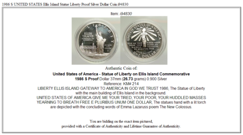 1986 S UNITED STATES Ellis Island Statue Liberty Proof Silver Dollar Coin i94830 - Picture 3 of 3