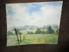 Original Watercolor By Peg Humphreys, Fenced Pasture & Still Life 20"x 16"
