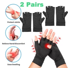 2 Pair Copper Arthritis Compression Gloves Half Finger Support Joint Pain Relief