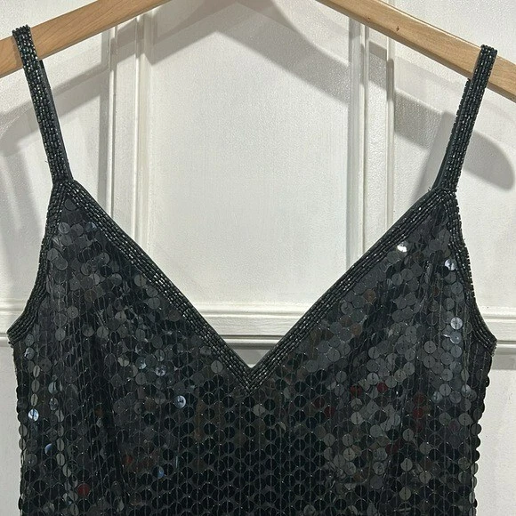 复古 90 年代 Niteeline 黑色亮片正式 LBD 串珠 V 领长裙 - 6 码 — 第 4/4 张图片