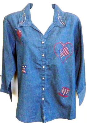 Denim Overblouse  Patriotic '' Bedazzle Rhinestone Button Shirts  - NEW/ MTO