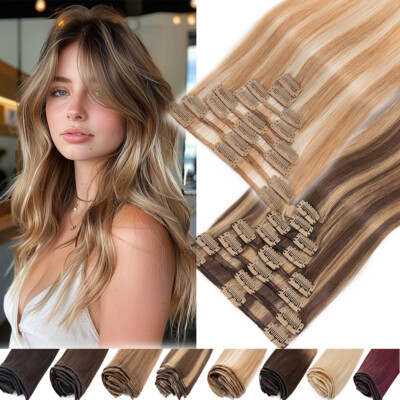 100% Echthaar Clip In Remy Hair Extensions Haarverlängerung 8 Tressen Glatt Weft