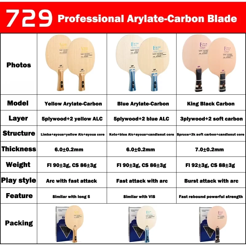 Hoja de tenis de mesa original 729 Friendship amarillo ALC 5 madera 2 arilato carbono Foto 3 de 4